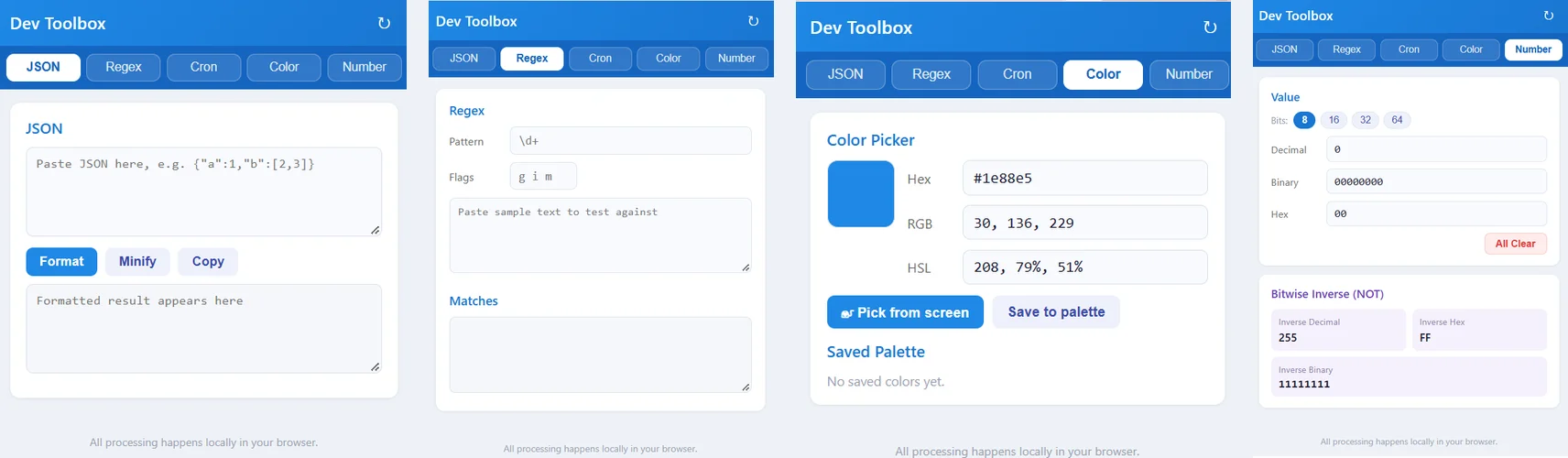 Dev Toolbox: the JSON, Regex, Color and Number tabs