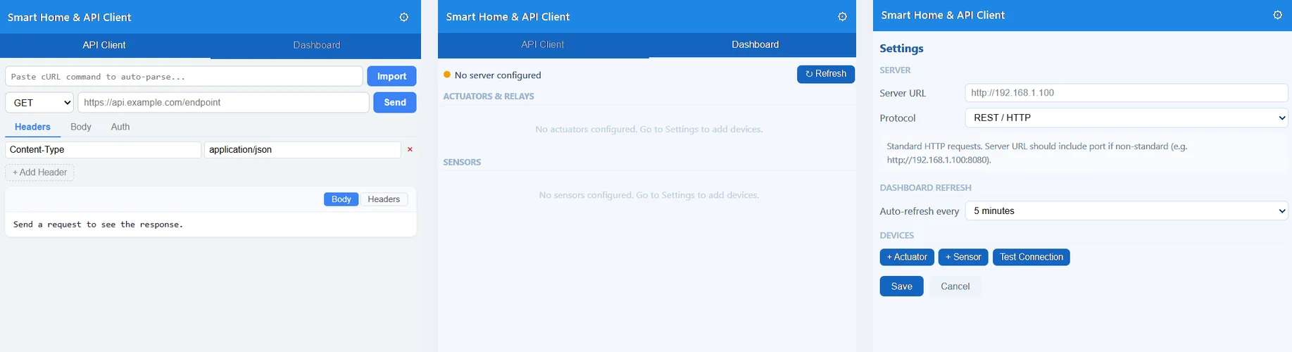 Smart Home and API Client: the API Client tab, the Dashboard with actuators, relays and sensors, and Settings with server address, protocol, auto-refresh and devices