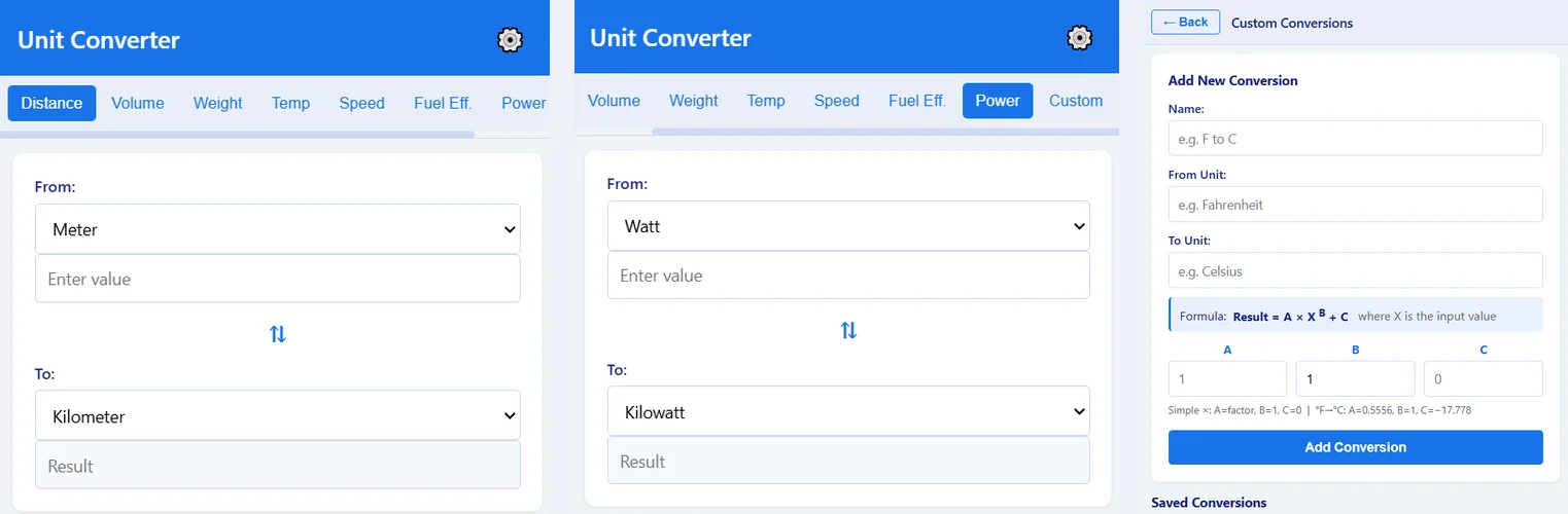 Unit Converter Pro: converting metres to kilometres and watts to kilowatts, and the screen for adding your own conversion with the formula Result = A times X to the power B plus C