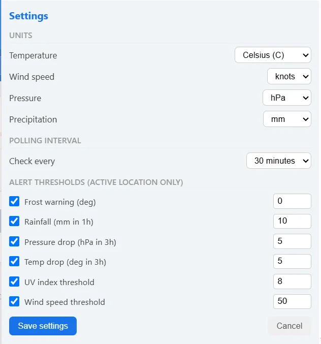 Weather Monitor Plus settings: units, check interval and alert thresholds for frost, rainfall, pressure drop, temperature drop, UV index and wind speed